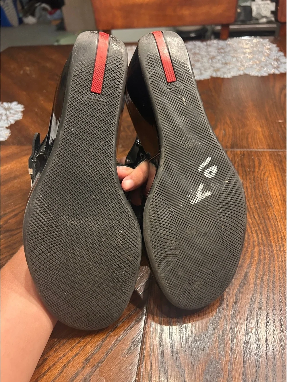 Prada Black Wedge Thong Sandals with Buckle Detail